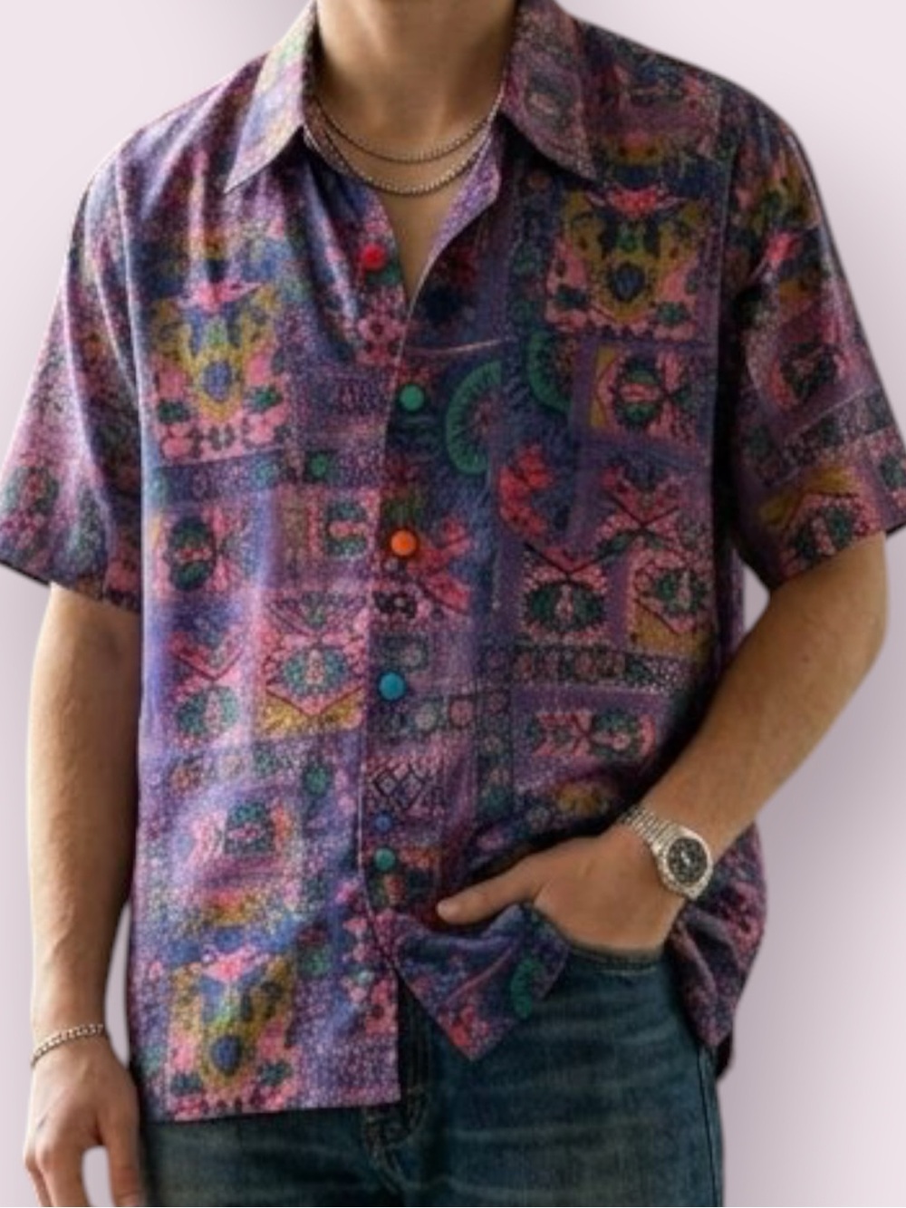VTG 80s 90s Thai Silk Abstract Patchwork Button Down Shirt Purple Pink Medium